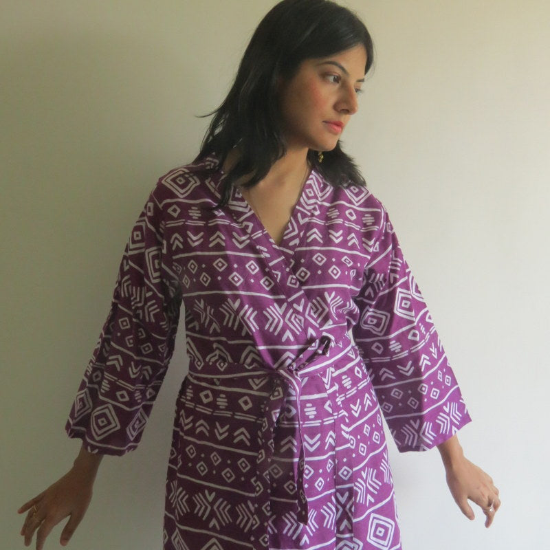 Purple Aztec Knee Length, Kimono Crossover Belted Robe-2