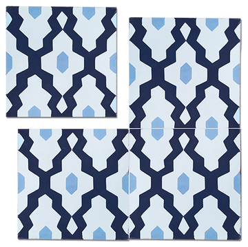 Luxury blue and white Moroccan encaustic cement tiles, premium SOUK pattern, handcrafted for kitchens and bathrooms by Maria Starling Design at brixbailey.com