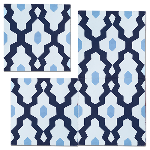 Luxury blue and white Moroccan encaustic cement tiles, premium SOUK pattern, handcrafted for kitchens and bathrooms by Maria Starling Design at brixbailey.com