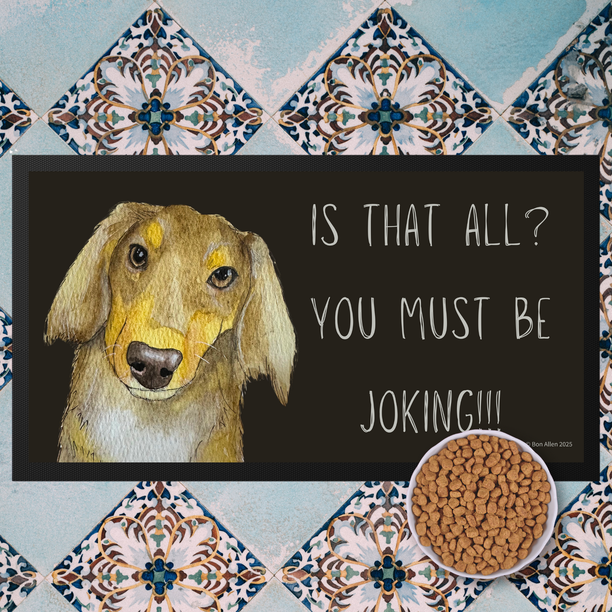 Long Haired Dachshund Dining Drama – Hilarious Pet Bowl Mat!