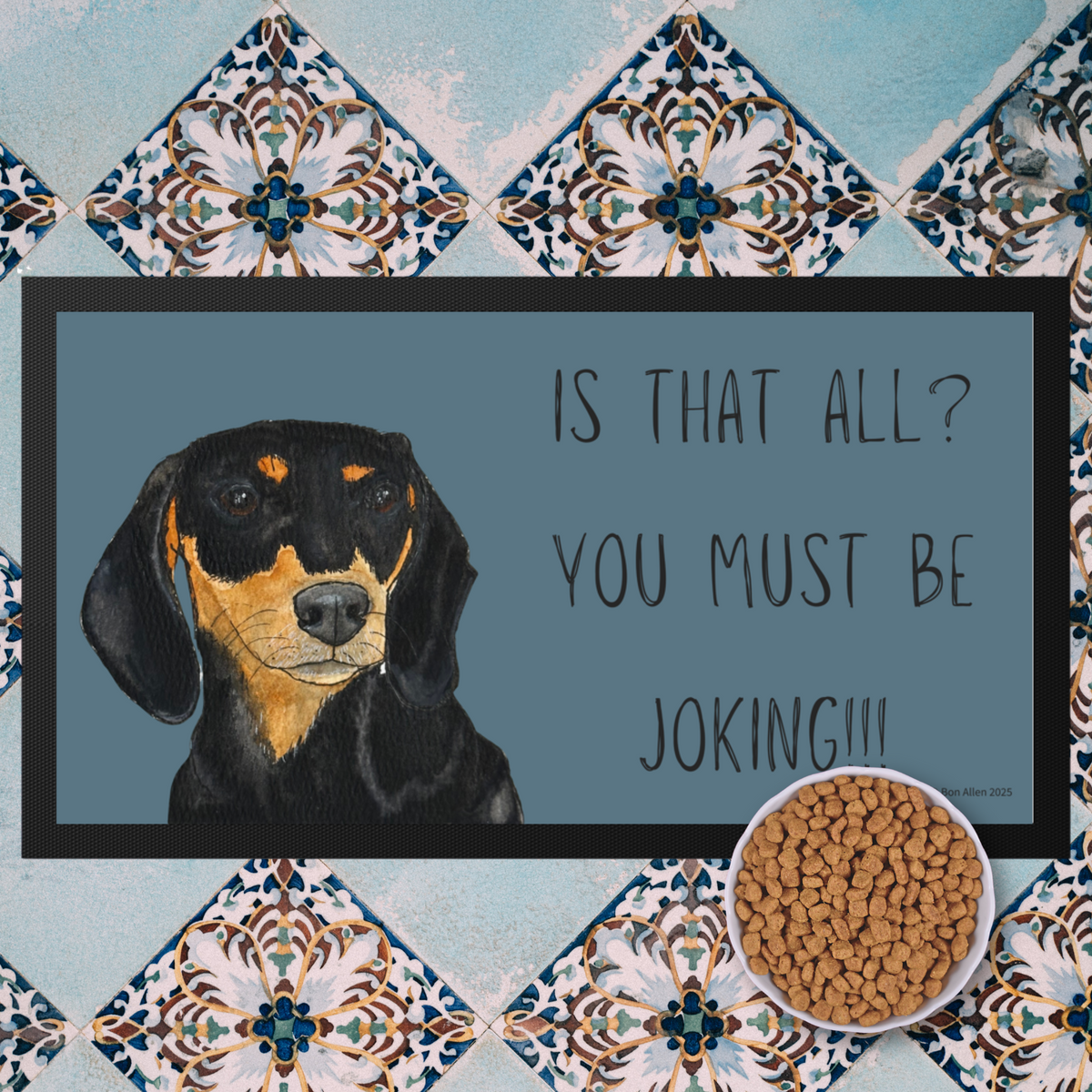 Black &amp; Tan Dachshund Dining Drama – Hilarious Pet Bowl Mat!
