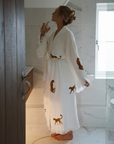 Long Cotton Robe: White with Cheetah