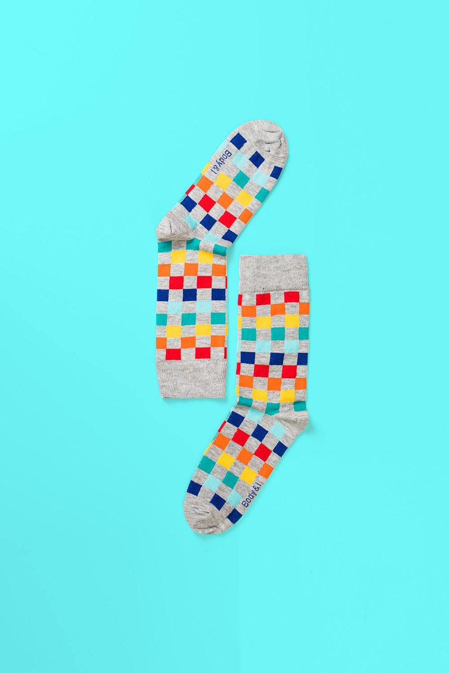 Colorful checkered socks, premium cotton blend, playful checkerboard pattern, elasticated band, sizes 4-8, white and grey by Body and I at brixbailey.com