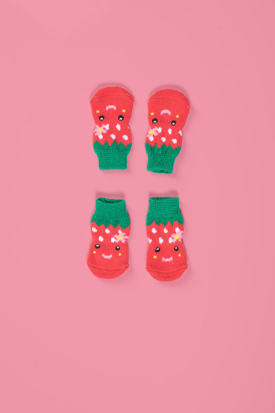 Luxury non-slip dog socks, paw protectors for clean dry paws, best-selling strawberry pet socks, cotton blend traction socks for hardwood floors by Body and I at brixbailey.com