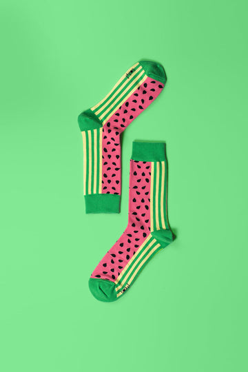 Luxury watermelon socks for men, premium cotton blend, stylish spring-themed design, best-selling fun print by Body and I at brixbailey.com