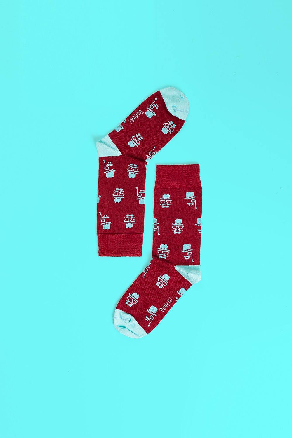 Novelty party socks with glasses and mustache print, premium cotton-rich, ultra-snug, trending holiday gift, best-selling pack of 4 by Body and I at brixbailey.com