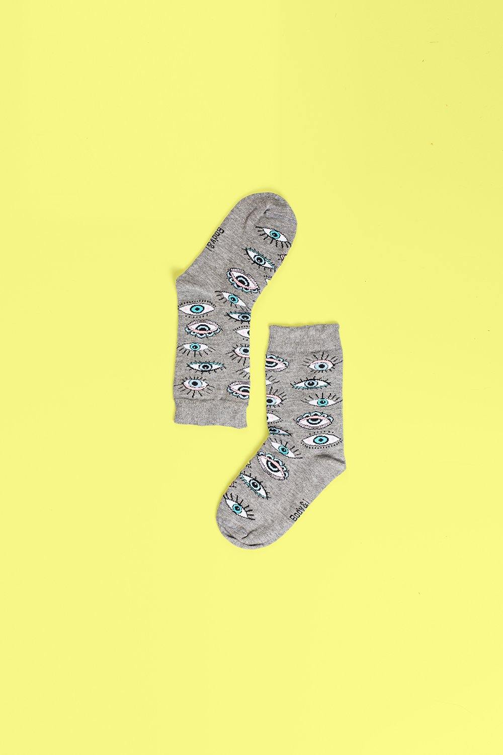 Blue and grey eye socks, pack of 4, colorful stretchy cotton socks, premium soft and stylish, best-selling fun design by Body and I at brixbailey.com