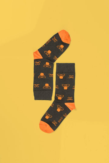 Novelty mustache and glasses party socks, premium cotton-rich pack of 4, trending holiday gift, grey-orange cherry-cyan by Body and I at brixbailey.com