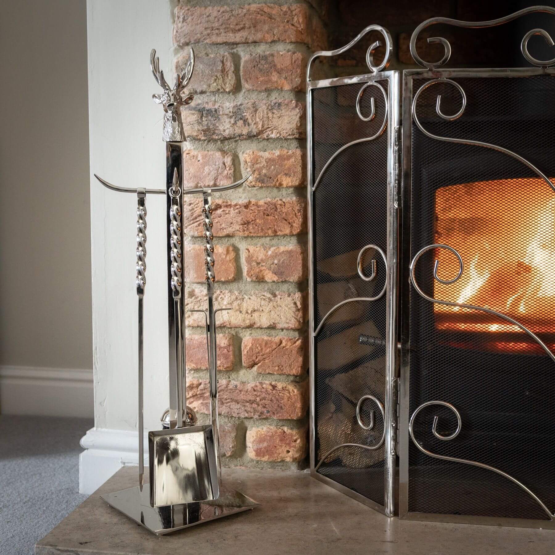 Handcrafted Stag Fireplace Companion Set Polished Nickel