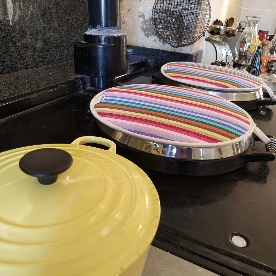 Rainbow Chef Pad for Aga Range Cooker, premium heat-saving hob cover, handmade UK recycled cotton, stylish rainbow design by Maison Elhoria at brixbailey.com