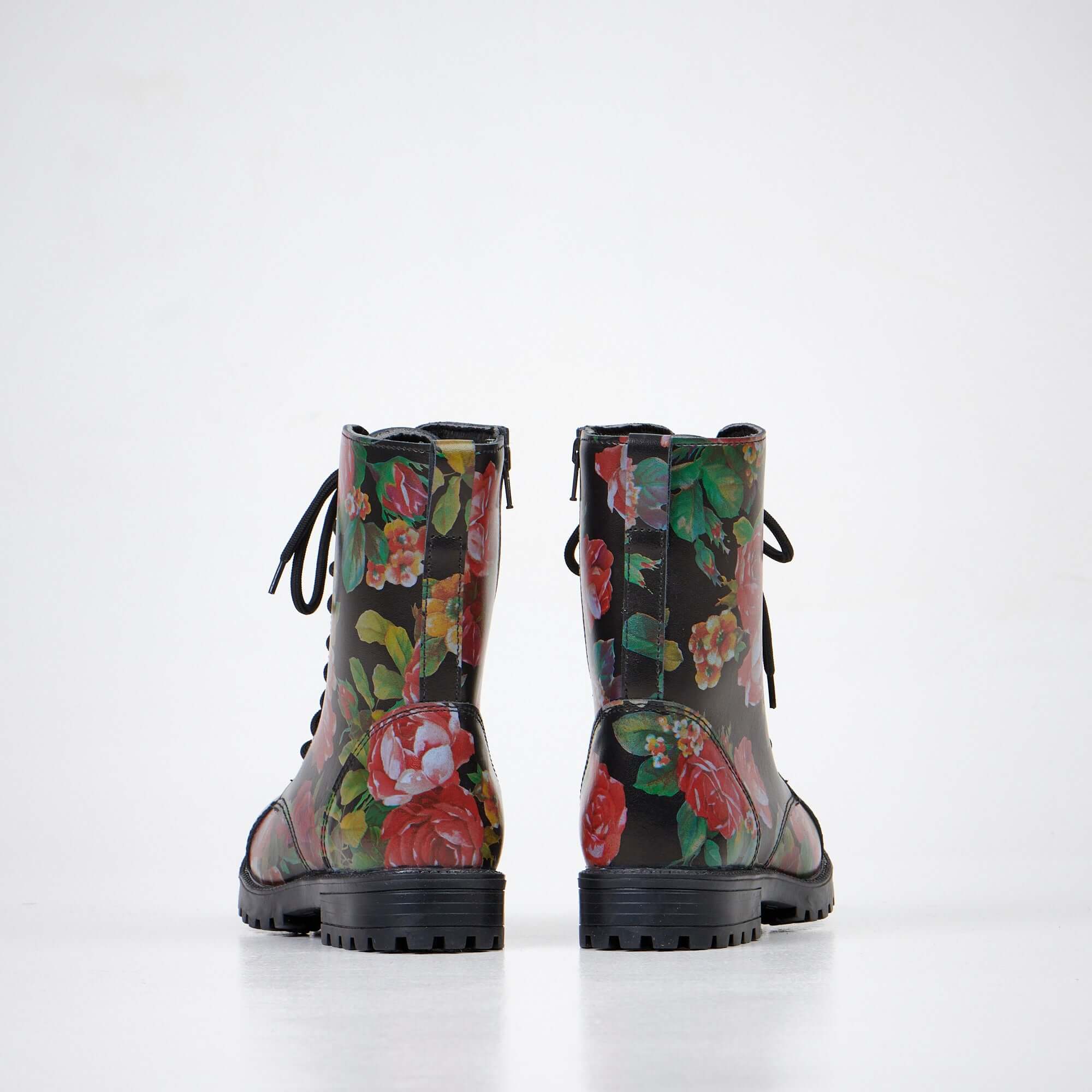 Red Roses Leather Boots with Zipper