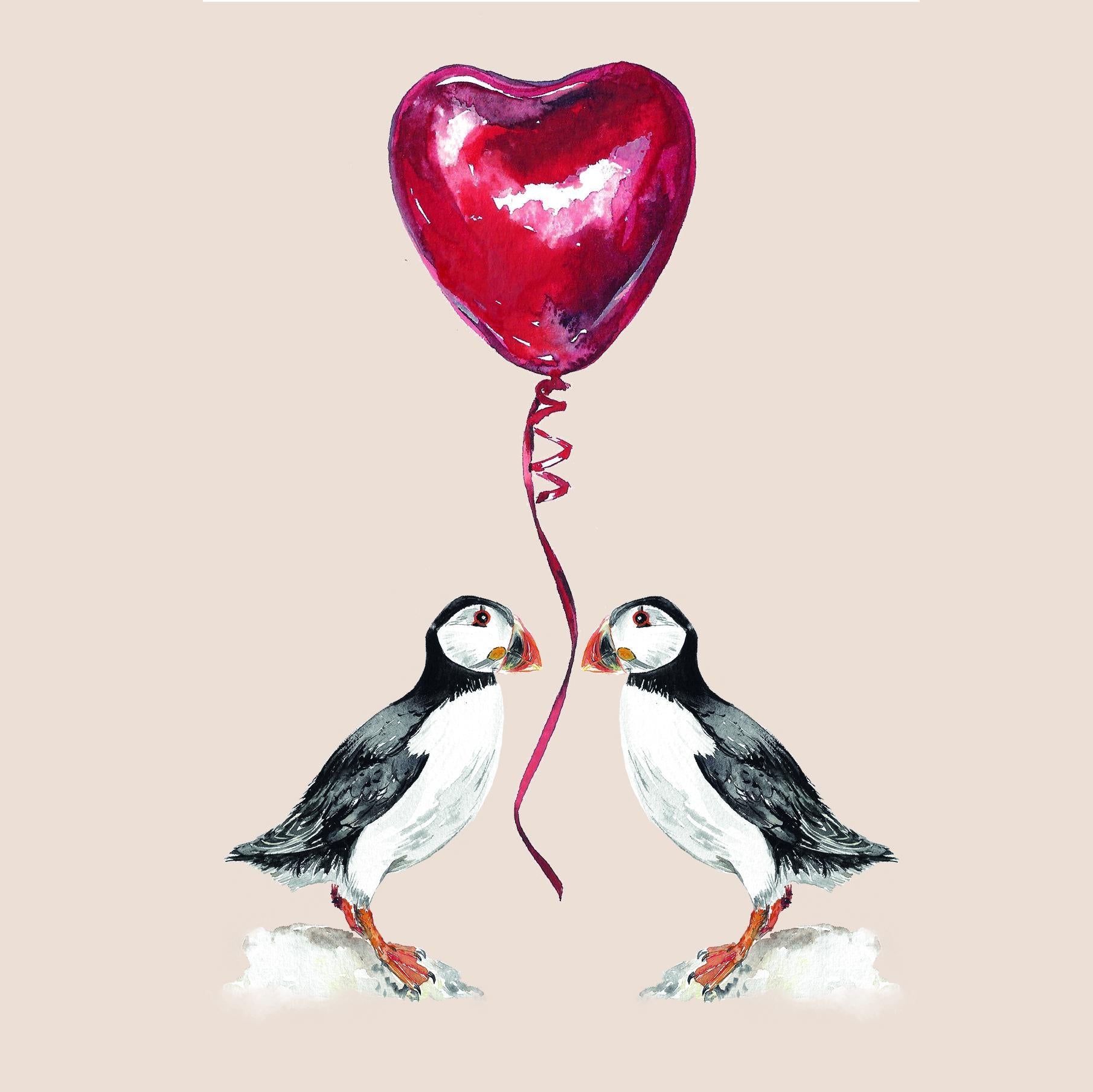 Puffin love watercolour greetings card