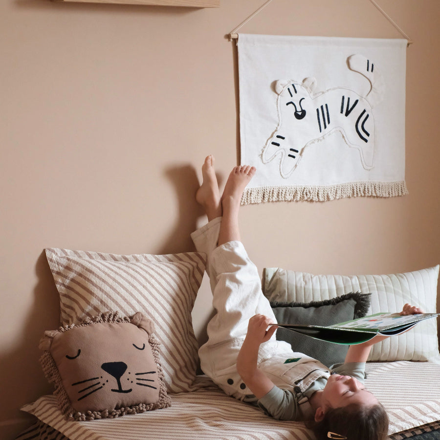 Luxury minimalist tiger embroidery wall hanging, stylish decor for bedroom or playroom, Nobodinoz Landscape collection by Ella James at brixbailey.com