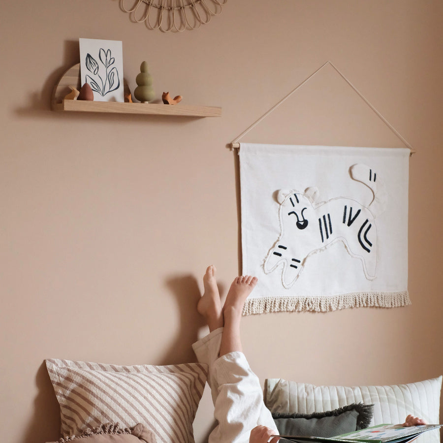 Tiger embroidery wall hanging, minimalist decor, premium handcrafted tiger art, Nobodinoz Landscape collection, stylish bedroom or playroom decor by Ella James at brixbailey.com