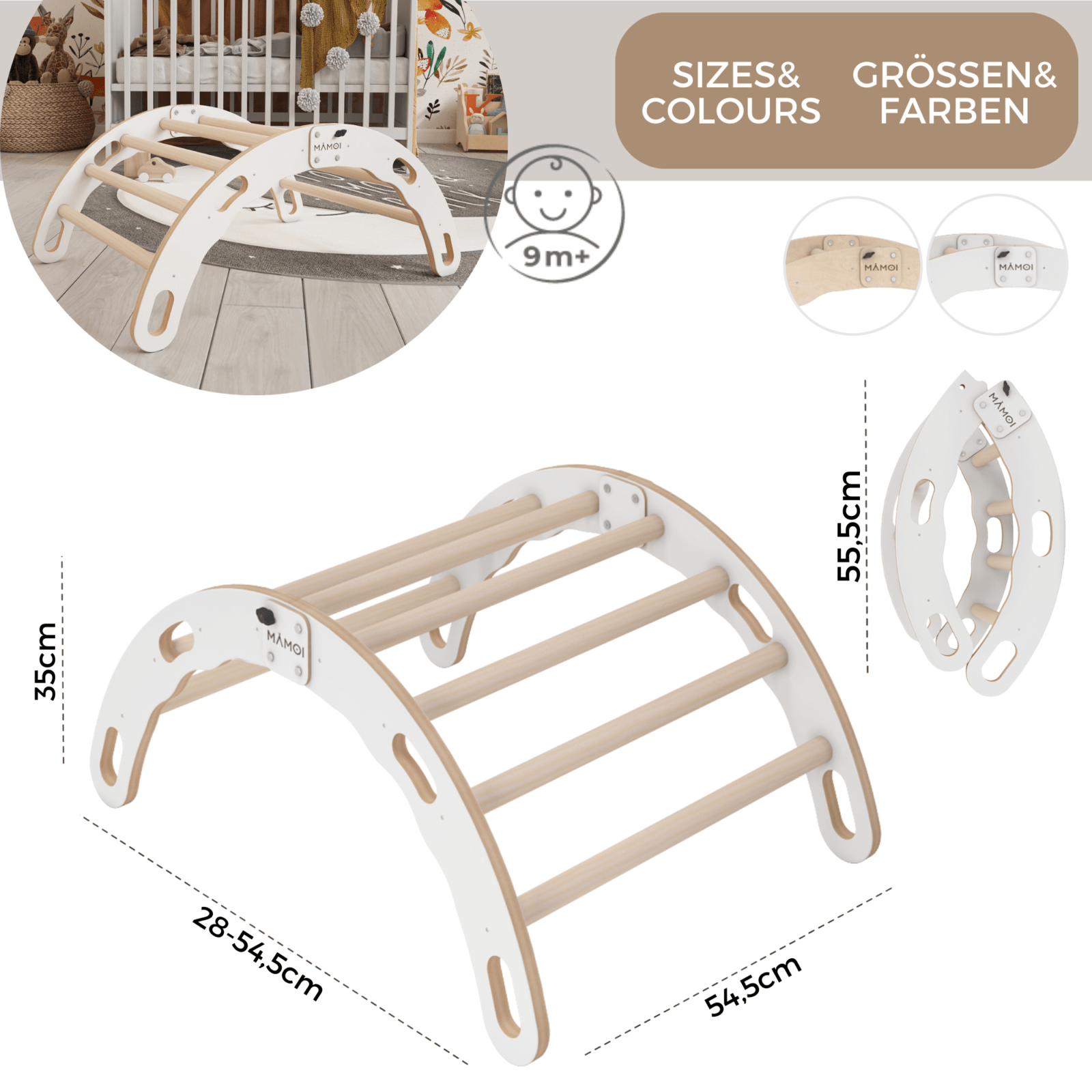 MAMOI® Kletterbogen, Kletterdreieck, Baby klettern, Regenbogenwippe aus holz, Holzbogen für Kinder, Spielplatz, Klettergerüst indoor ab 1 jahr 2/3 jahre, Montessori-2