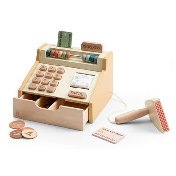 Premium wooden cash register toy, realistic play with coins, scanner, credit cards, and receipt roll, educational fun for kids by Ella James at brixbailey.com