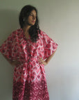 Coral Chevron Dots V-Neck Button Down to Waist, Knee Length, Cinched Waist Caftan