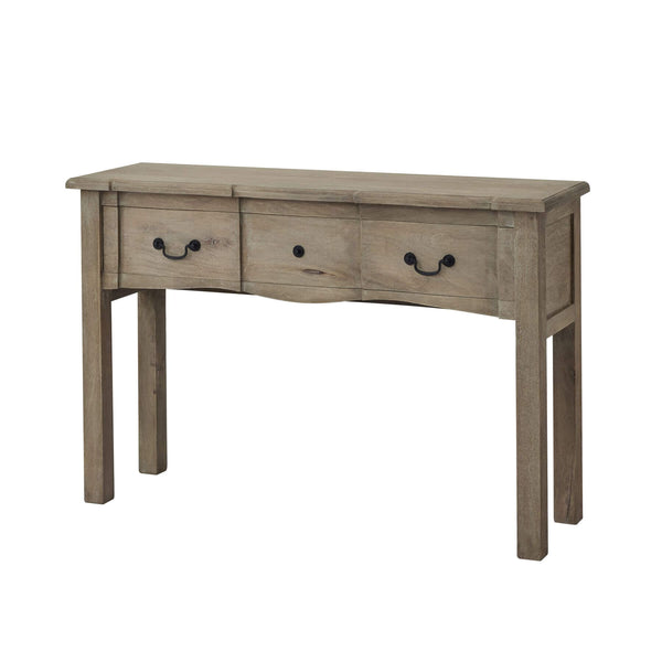 French provincial hardwood console with bleached finish, black iron handles, and spacious drawer for elegant living room storage by Sostter at brixbailey.com