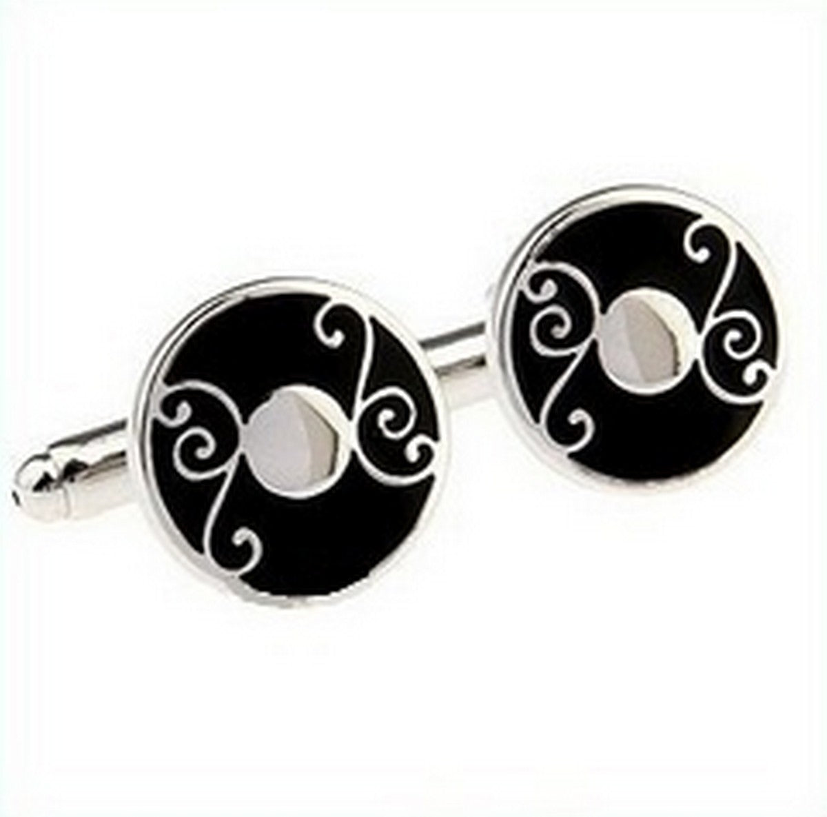 black and silver circular cufflinks