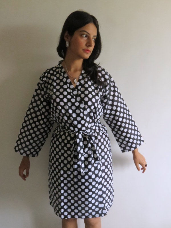 Black Polka Dots Knee Length, Kimono Crossover Belted Robe-3