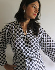 White Polka Dots Knee Length, Kimono Crossover Belted Robe-3