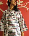 White Blue Striped Knee Length, Kimono Crossover Belted Robe-3