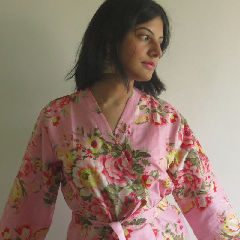 Pink Floral Knee Length, Kimono Crossover Belted Robe-3