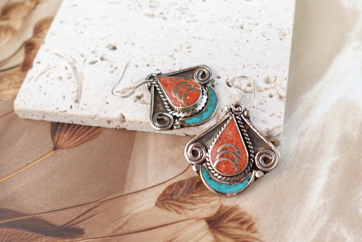 Tibetan Scroll Drop Earrings – Coral & Turquoise Crescent