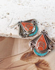 Tibetan Scroll Drop Earrings – Coral & Turquoise Crescent