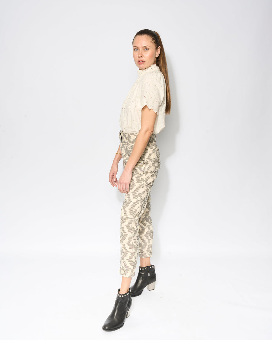 Premium tapered pleat pants with high waist, double pleats, detachable belt, and pockets, crafted from 100% cotton IKAT fabric by GILD at brixbailey.com
