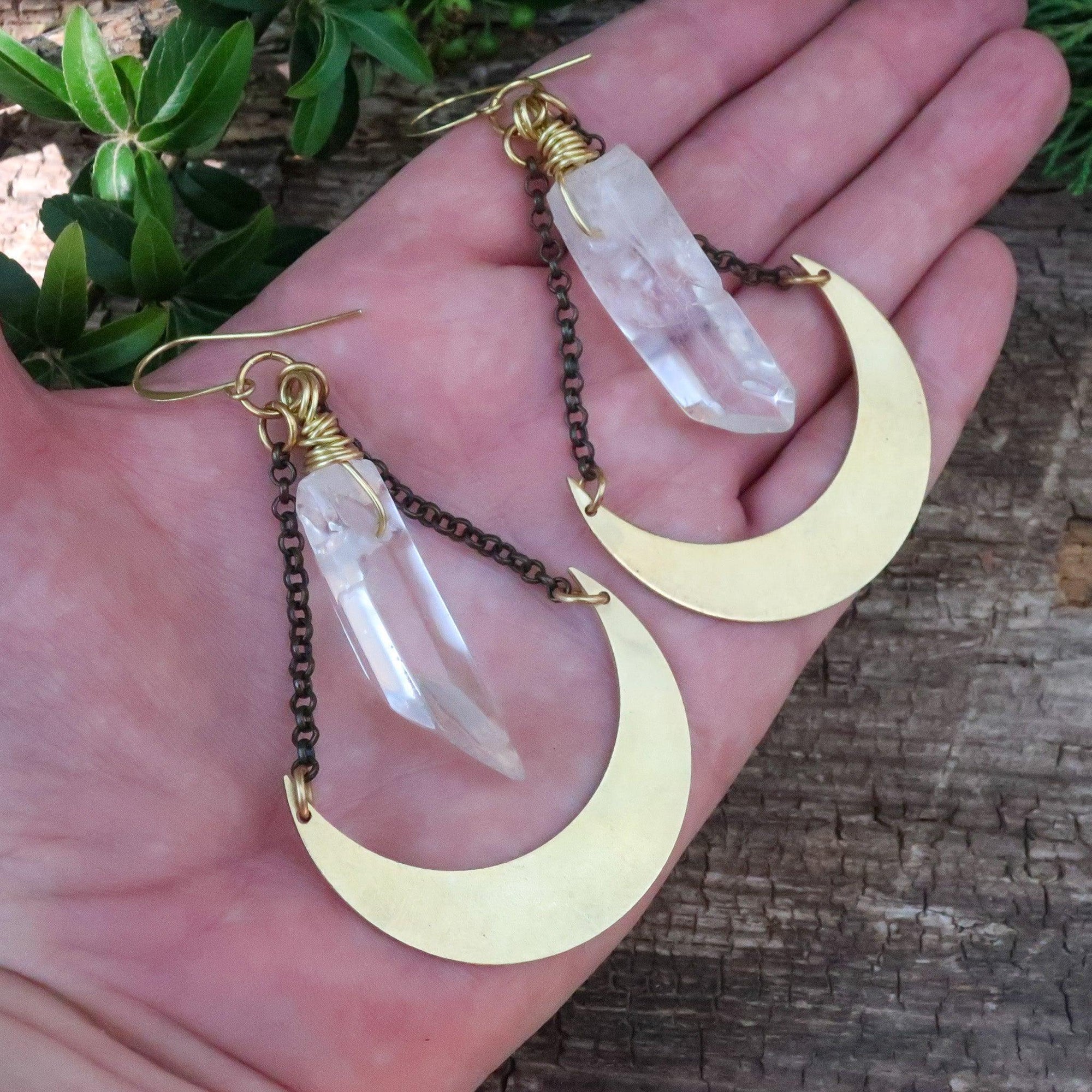 Quartz Point Earrings in Brass - Moon | Handmade by Blackbird &amp; Sage