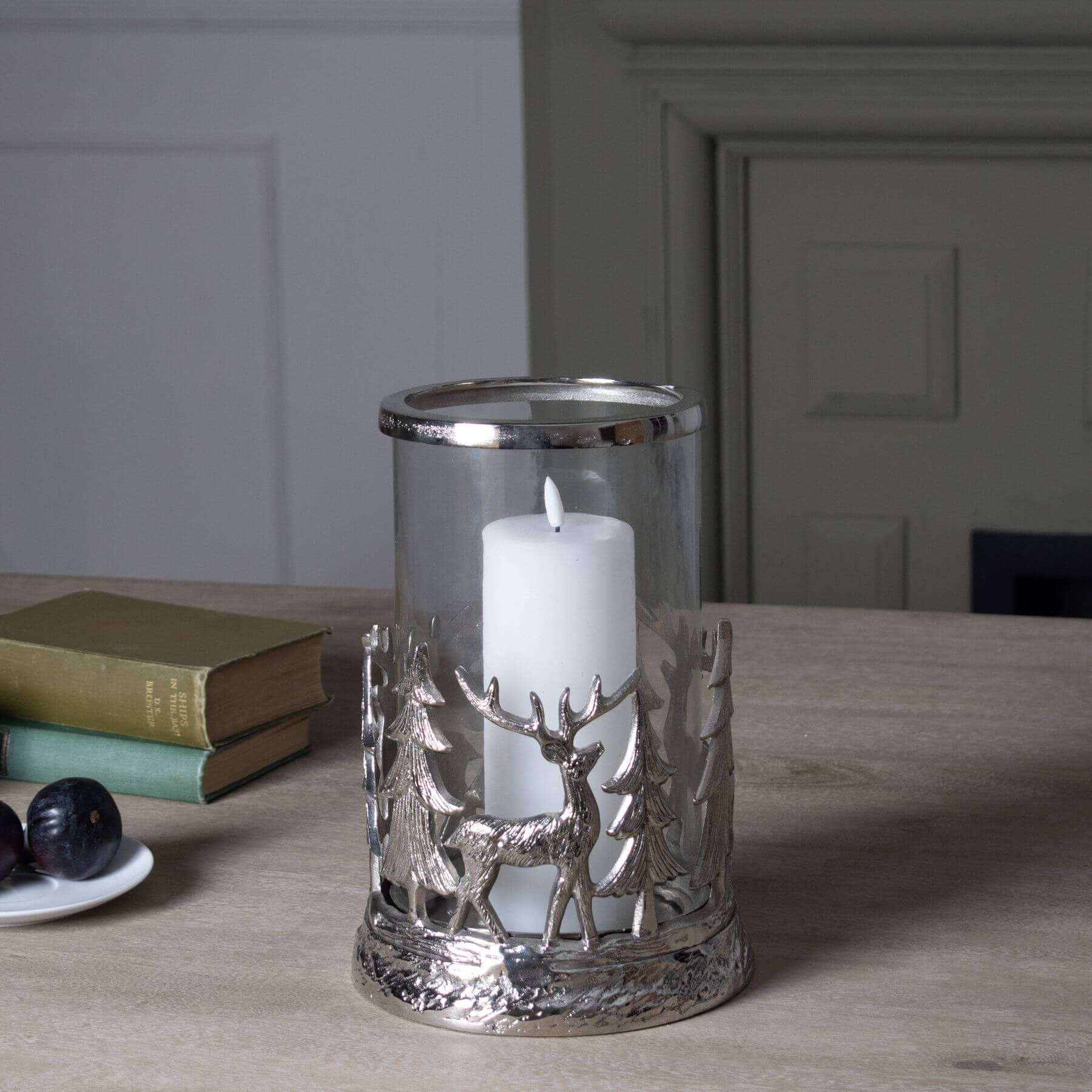 Vintage Inspired Silver Stag Lantern with Frosted Glass