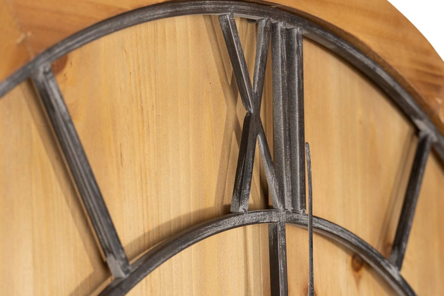 Large wooden wall clock with grey roman numerals on warm brown wood, modern rustic decor statement piece by RoomLondon at brixbailey.com