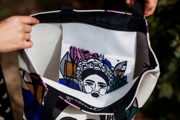 Black Handmade Tote Bag with Illustrated Design