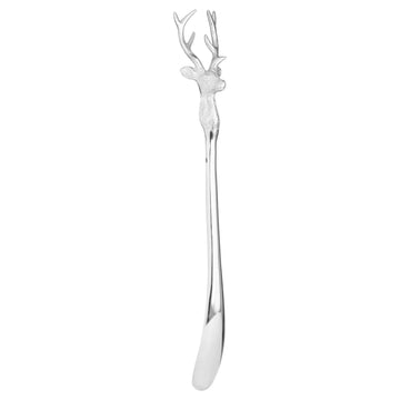 Silver nickel stag head shoe horn, 53cm metal entryway accessory with elegant animal motif design by Sostter at brixbailey.com