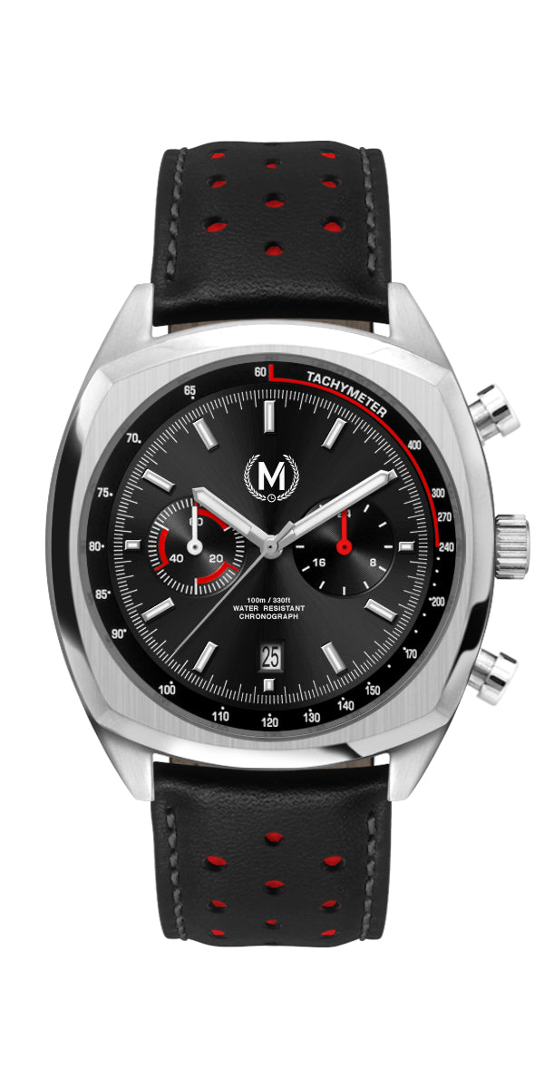 Black And Red Leather Rally Watch Strap, Silver Buckle