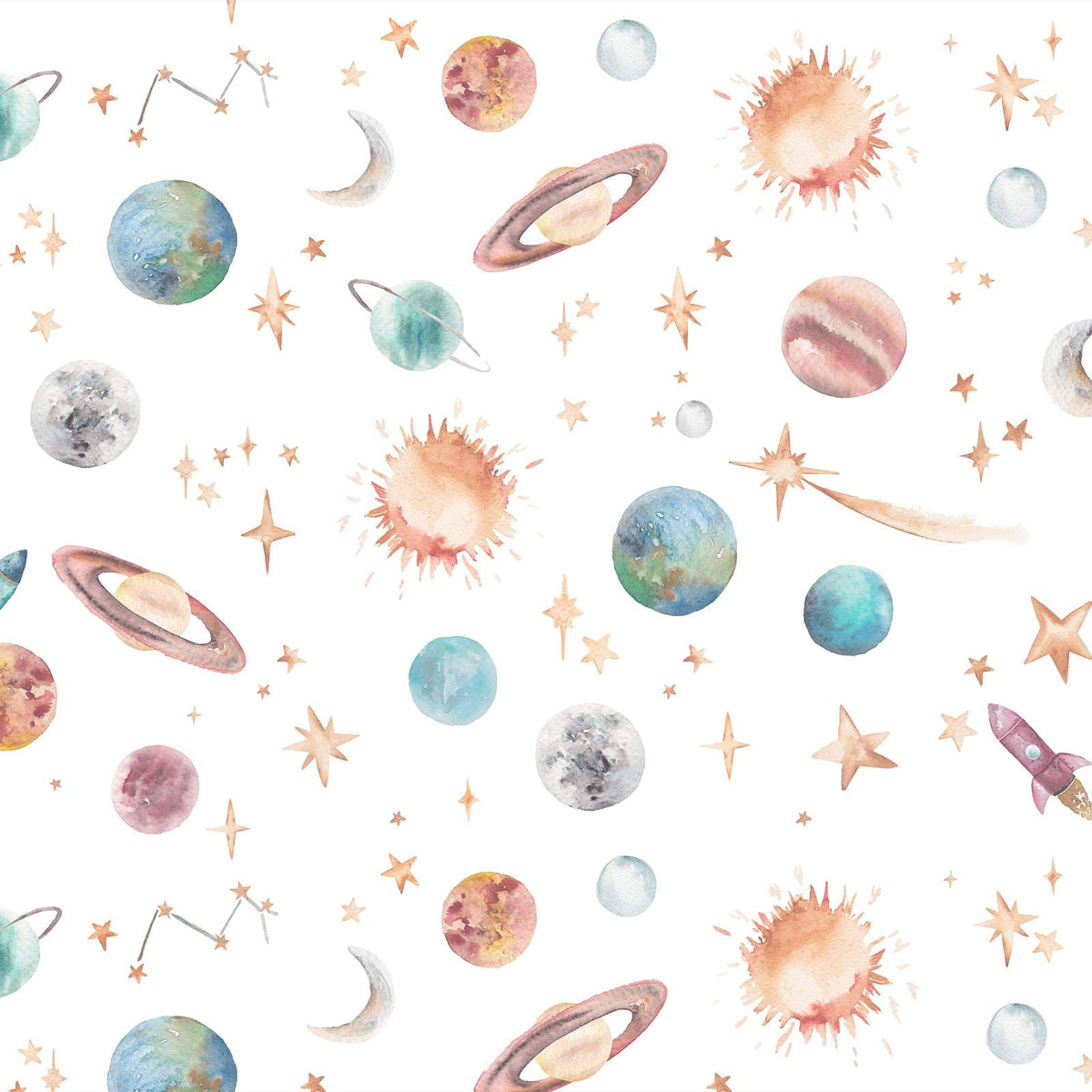 Watercolour Planet Wallpaper | Solar System, Stars &amp; Rockets | Kids Bedroom