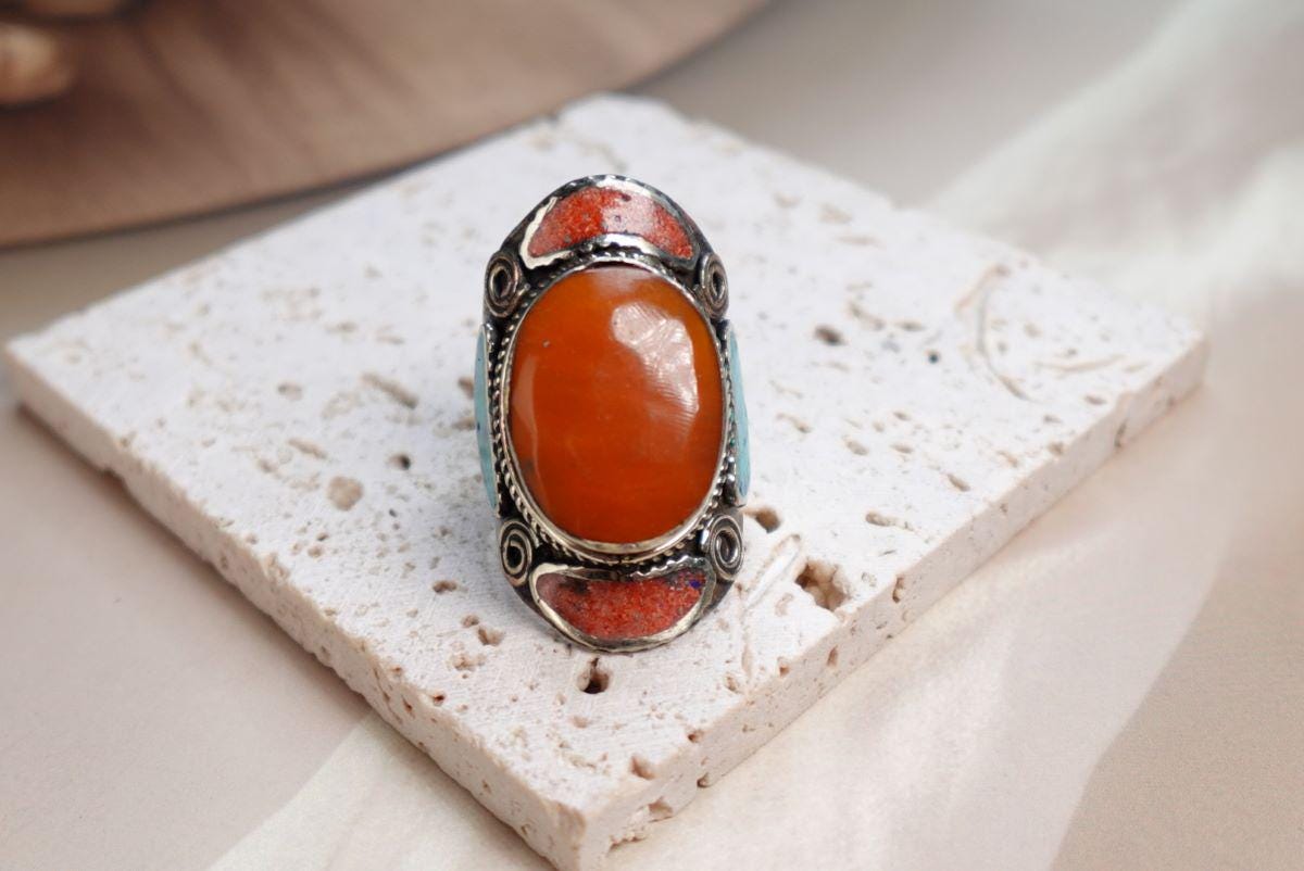 Tibetan Silver Mosaic Ring – Turquoise, Coral, Amber &amp; Lapis