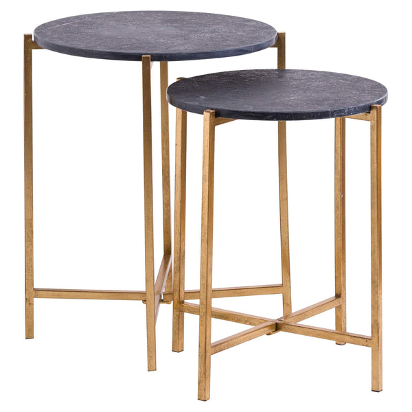 Black and gold marble nesting tables with genuine marble tops and metallic bases, modern luxury home decor. by Sostter at brixbailey.com