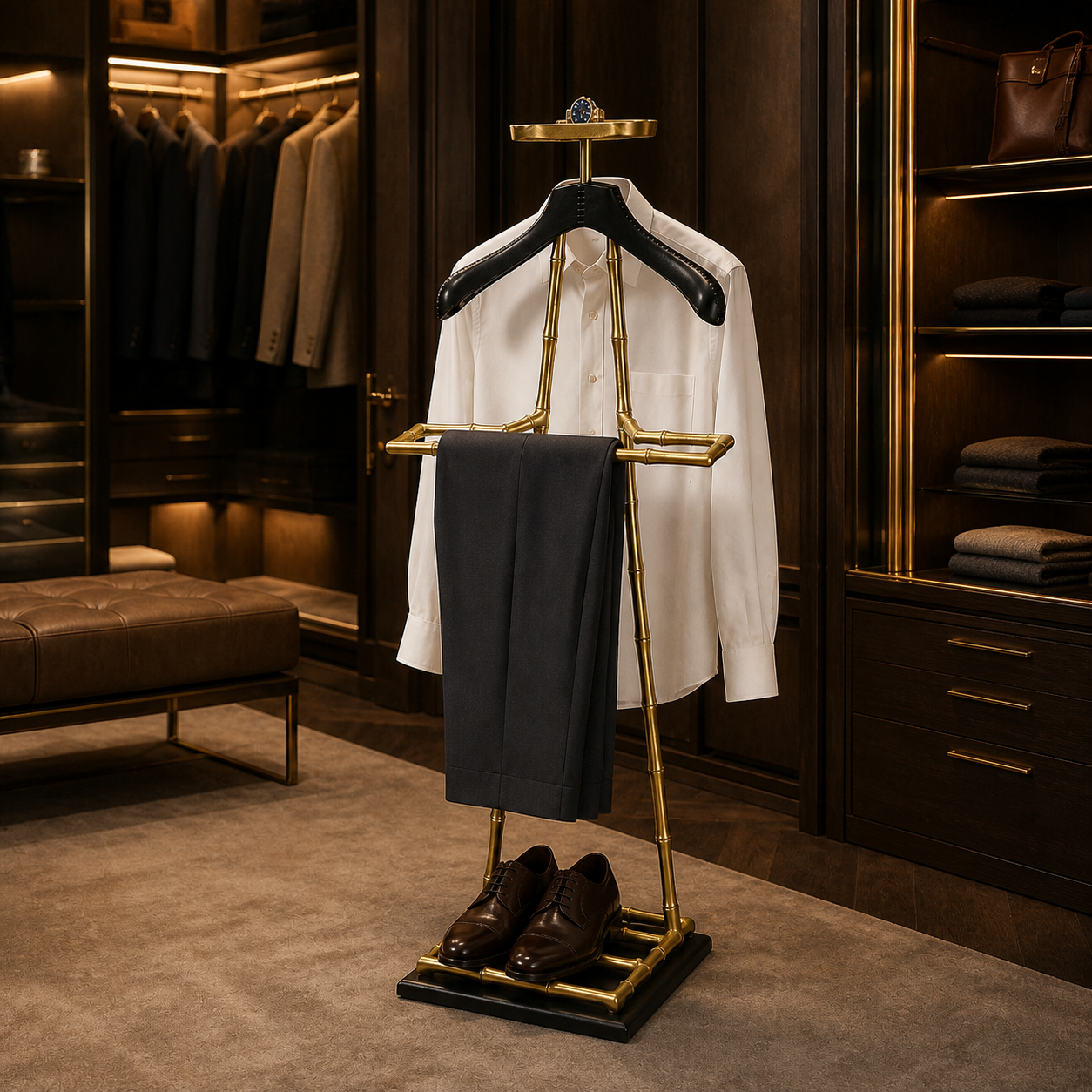 Luxury Dressboy Vintage Brass &amp; Black Leather Valet Suit &amp; Clothes Stand