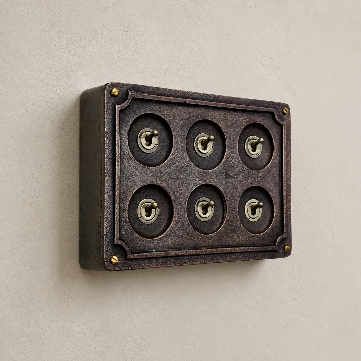 6 Gang 2 Way Antique Copper Toggle Light Switch | Metal Conduit