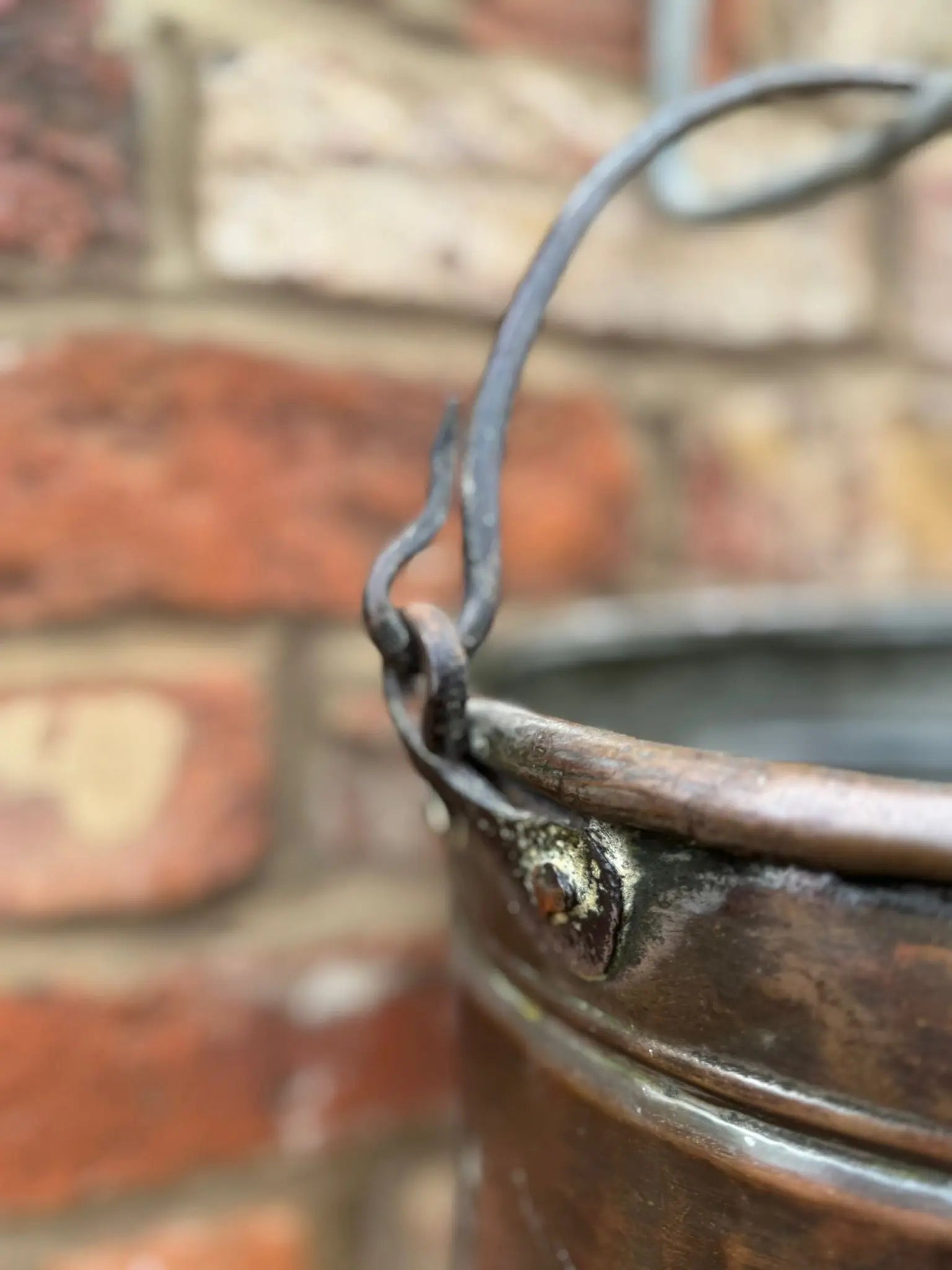 Antique Copper Cauldron Pot with Riveted Iron Handle &amp; Dovetail Planter Pot  B