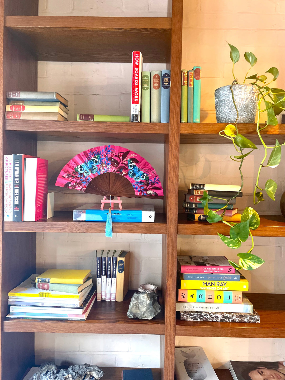 Hot pink 'Fuchsia' silk folding hand fan with butterfly and mushroom painted artwork