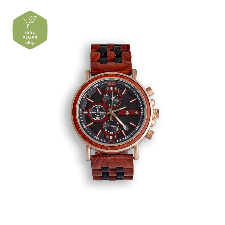 Premium handmade chronograph watch, upcycled natural wood furniture, eco-friendly, gold red black deep brown tones, recycled red sandalwood ebony, mens wood watch by The Sustainable Watch Company at brixbailey.com