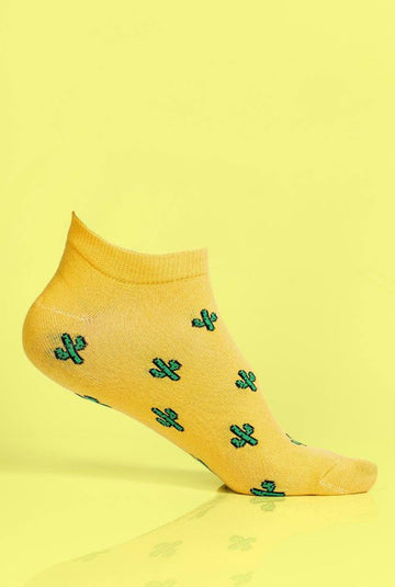 Cactus yellow patterns short ankle socks, luxury cozy autumn-inspired socks with green succulent leaves, best-selling trendy ankle socks by Body and I at brixbailey.com