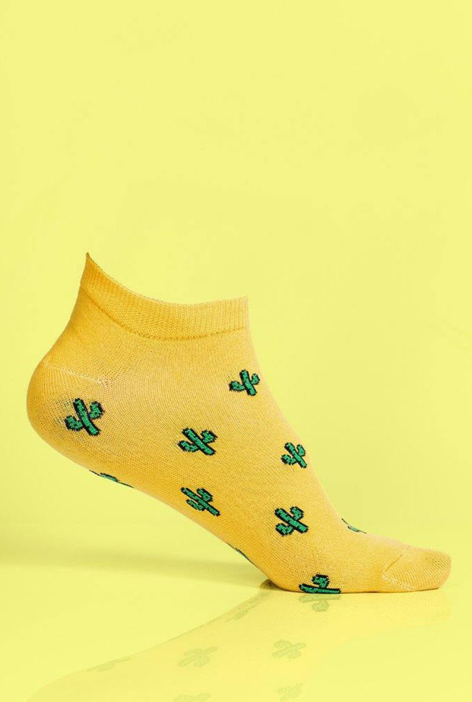 Cactus yellow patterns short ankle socks, luxury cozy autumn-inspired socks with green succulent leaves, best-selling trendy ankle socks by Body and I at brixbailey.com