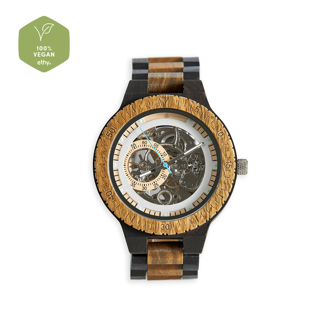 Luxury handcrafted mens wood watch with recycled ebony and sandalwood strap, exposed mechanical movement, eco-friendly design by The Sustainable Watch Company at brixbailey.com