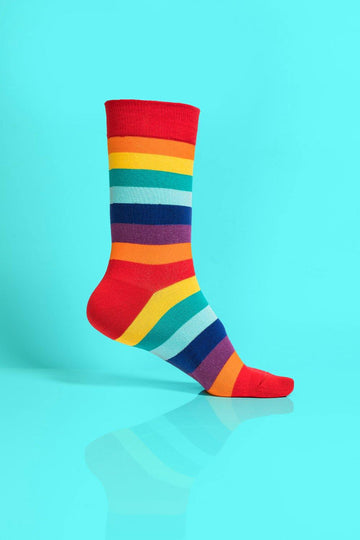 Crew-length rainbow striped socks, premium soft breathable cotton, stylish vibrant colors, best-selling trendy unisex socks by Body and I at brixbailey.com