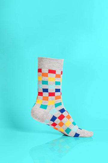 Checker socks pack of 4, colorful squared puzzle design, premium cotton blend, stylish elasticated band, best-selling playful patterned socks by Body and I at brixbailey.com