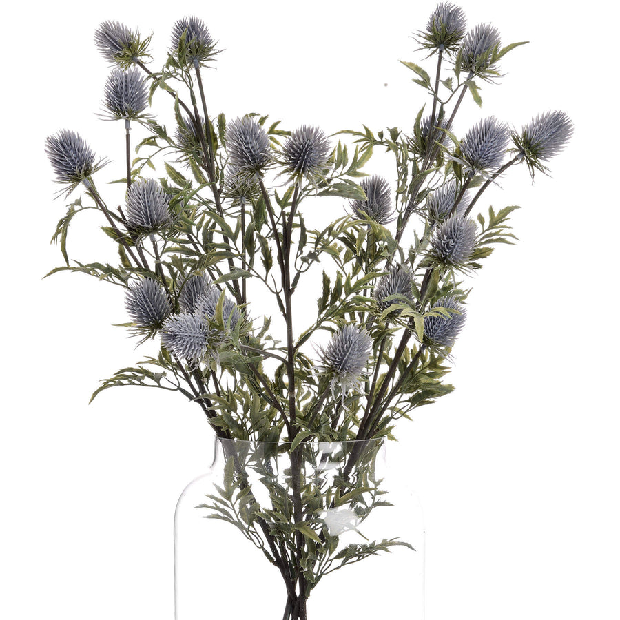 Artificial blue thistle stem with powder-blue petals and lifelike cone, 76cm tall, for rustic or coastal floral arrangements. by Sostter at brixbailey.com